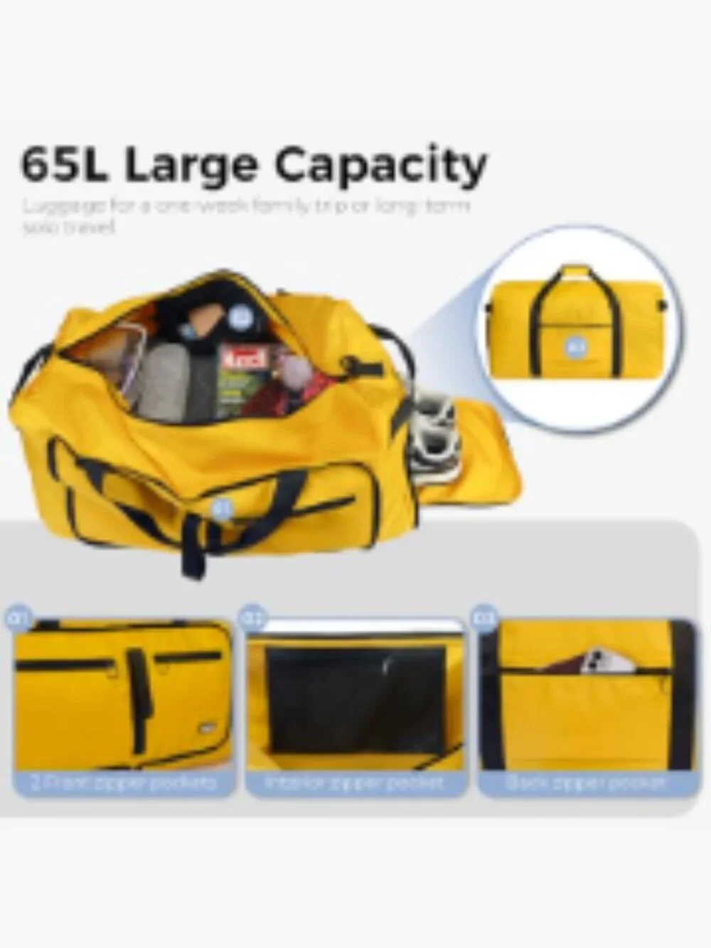 Foldable 65L Travel Duffel Bag with Shoe Compartment, Water Repellent, Tear